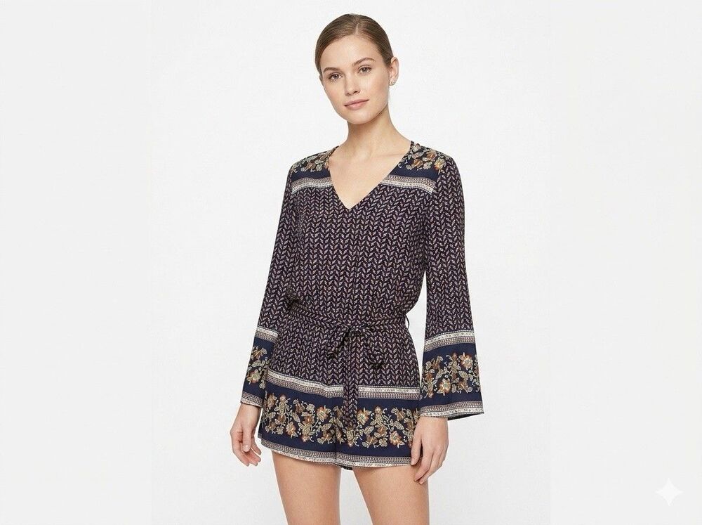 Romper Womens Medium Blue Floral Boho Bell Sleeve Festival Casual Jumpsuit
